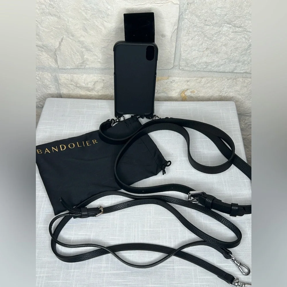 Bandolier I-Phone 2 XR Case Black Pebble Leather Two Straps with Nylon Pouch